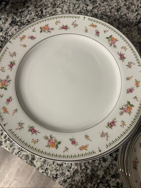 White Porcelain Dinner Plate with Pink & Yellow Floral Rim